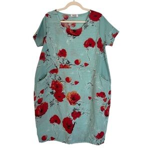 Helga May Italy Relaxed Linen Floral Short Sleeve Dress Light Blue Red Medium